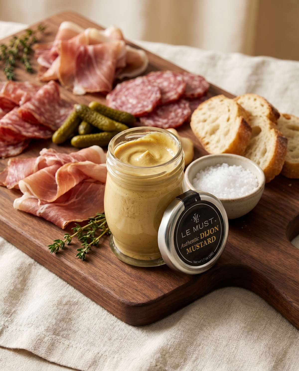 Le Must Deluxe Organic Dijon Mustard, 48 grams, on a charcuterie board