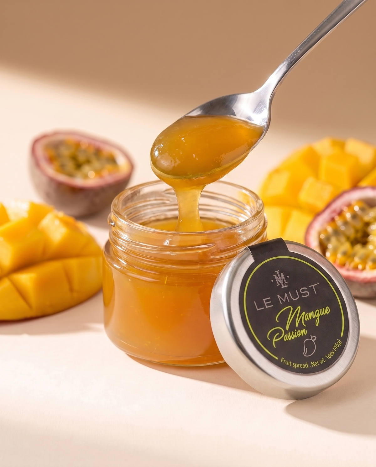Le Must Premium Mango Passion Fruit Jam, 30 grams, open jar
