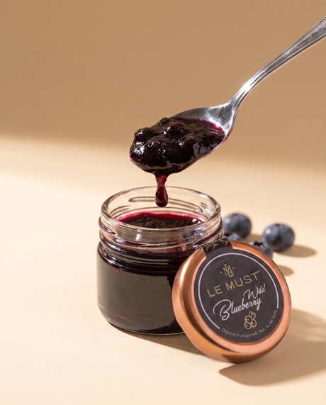 Le Must Premium Organic Wild Blueberry Jam, 30 grams, open jar